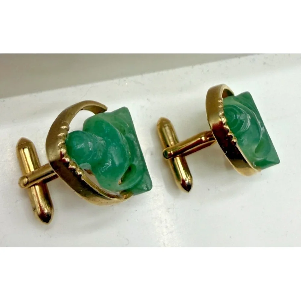 Carved Buddha Green Jade Gold Tone Cufflinks Tux Suit Vintage